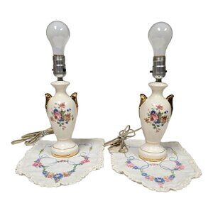 Vintage Leviton Table Lamp Set Victorian Boudoir Ceramic Floral 14.5" Tall